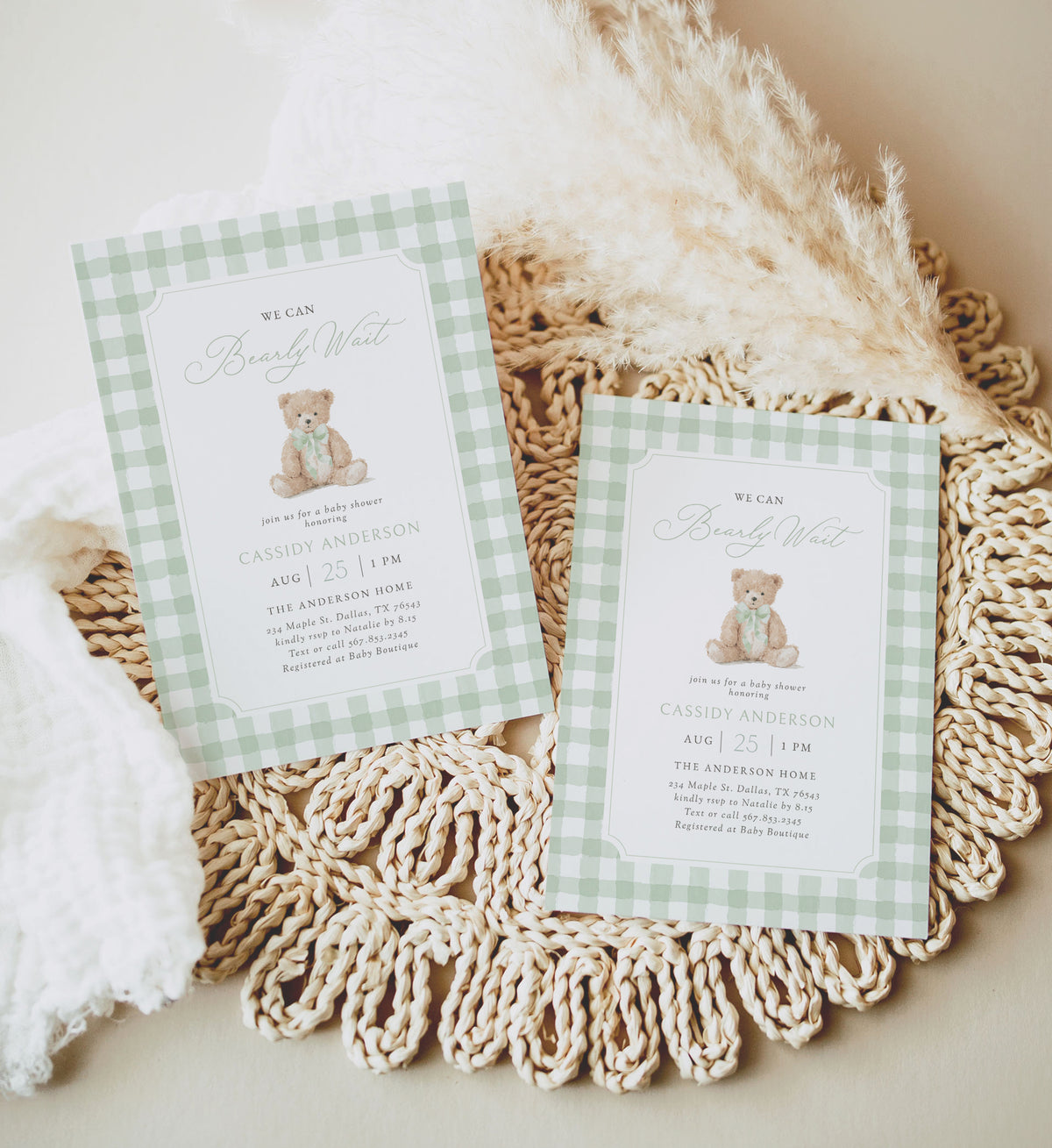 Sage Green Gingham Teddy Bear Baby Shower Invitation