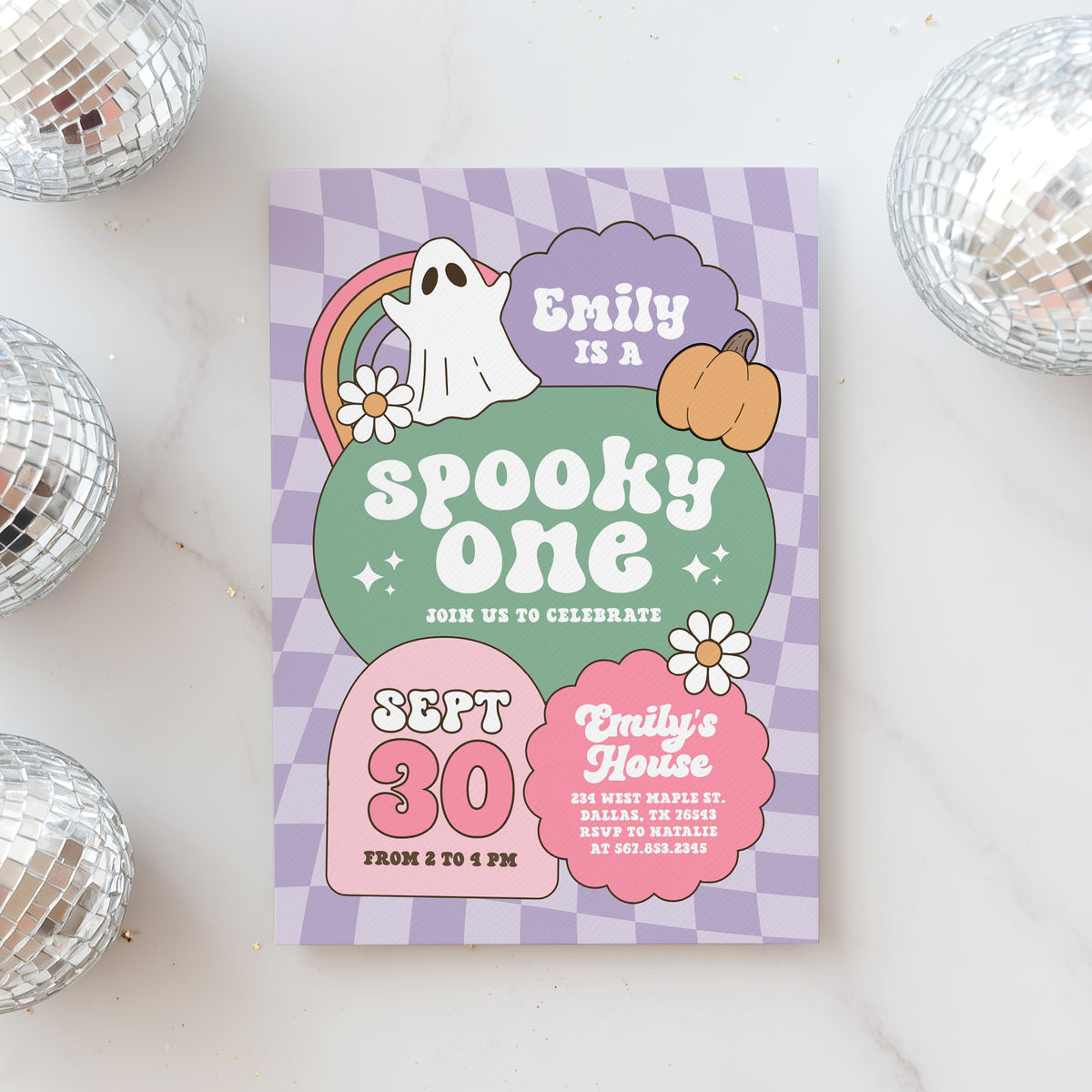 Purple Retro Checker Spooky One Halloween Birthday Invitation