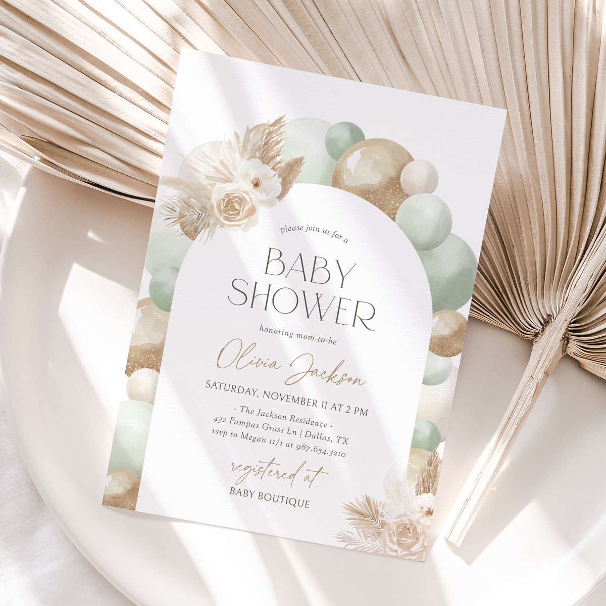 Sage Green Balloon Arch Baby Shower Invitation