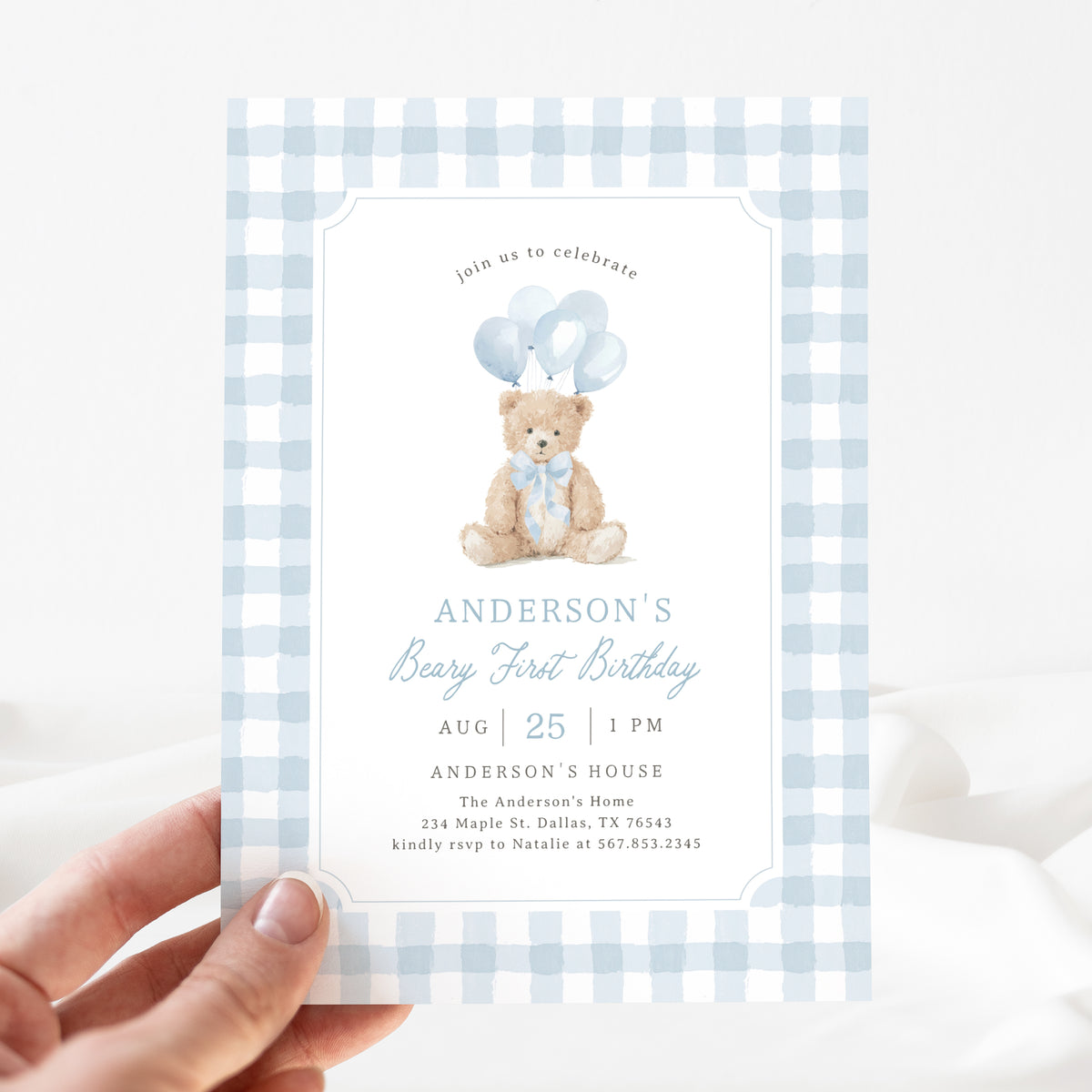 Blue Gingham Teddy Bear Birthday Invitation
