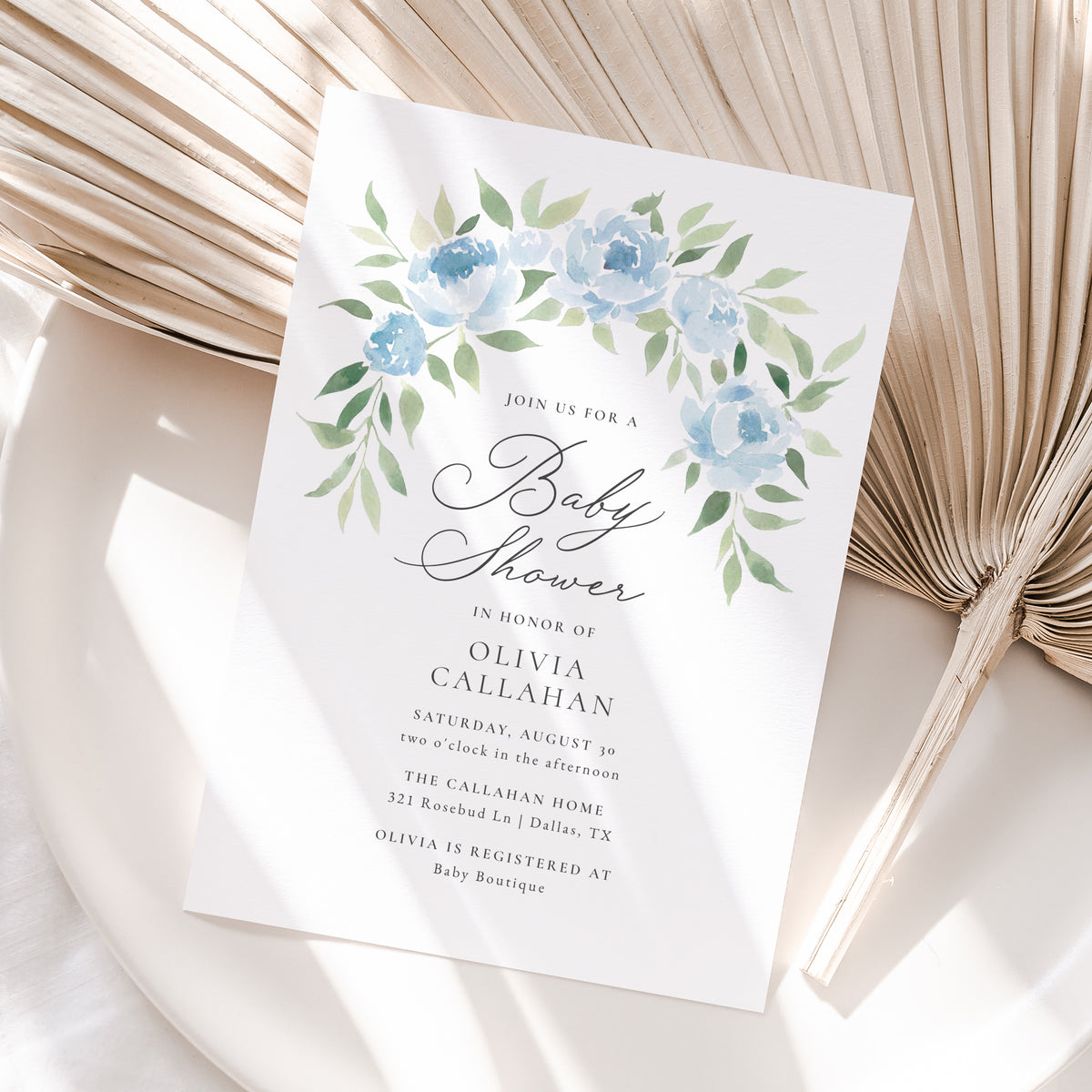 Blue Floral Arch Baby Shower Invitation