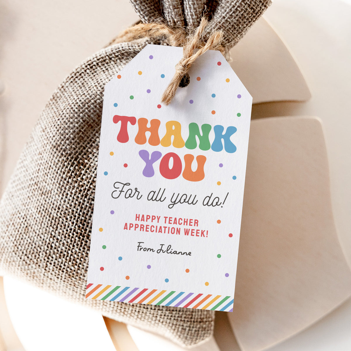 Rainbow Stripe Rectangle Teacher Appreciation Tag Template