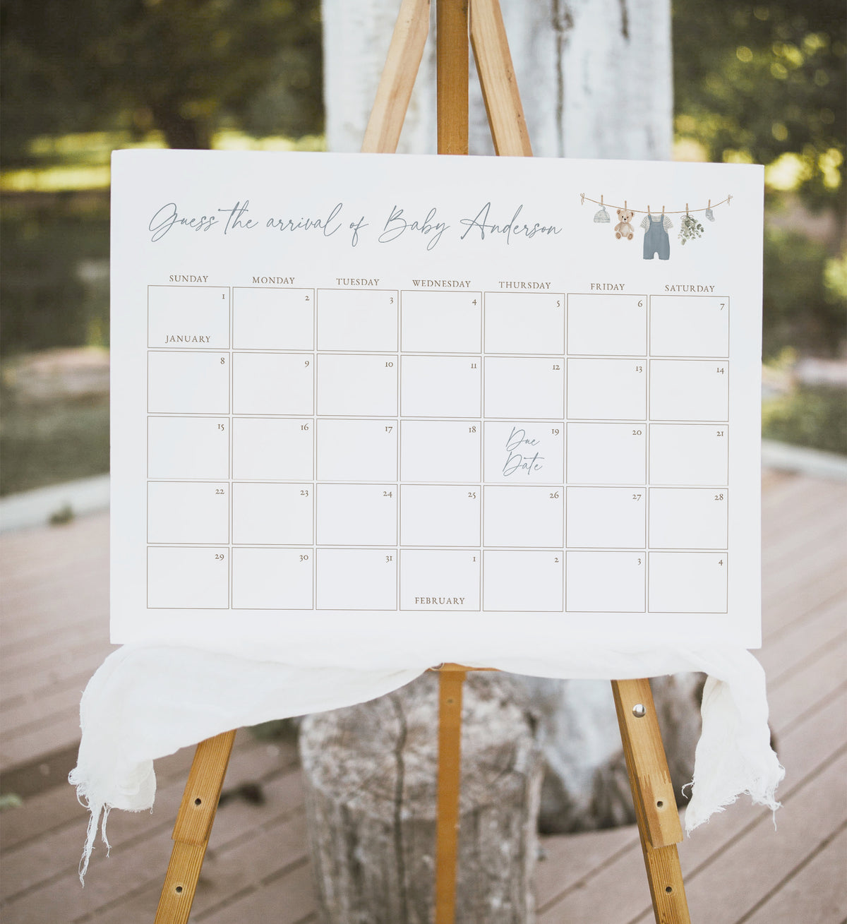 Blue Overalls Clothesline Baby Shower Due Date Calendar