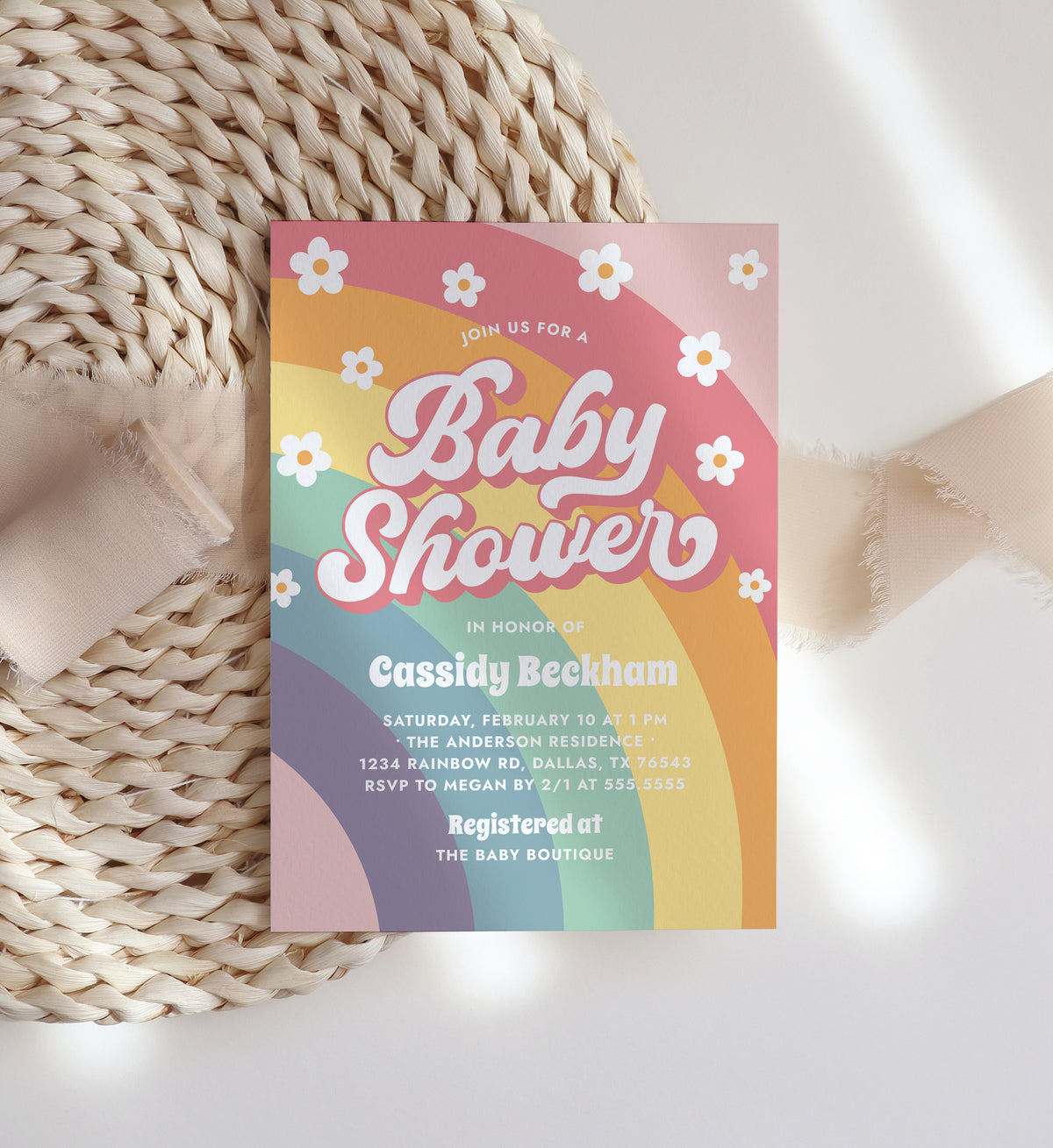 Retro Rainbow Daisy Baby Shower Invitation