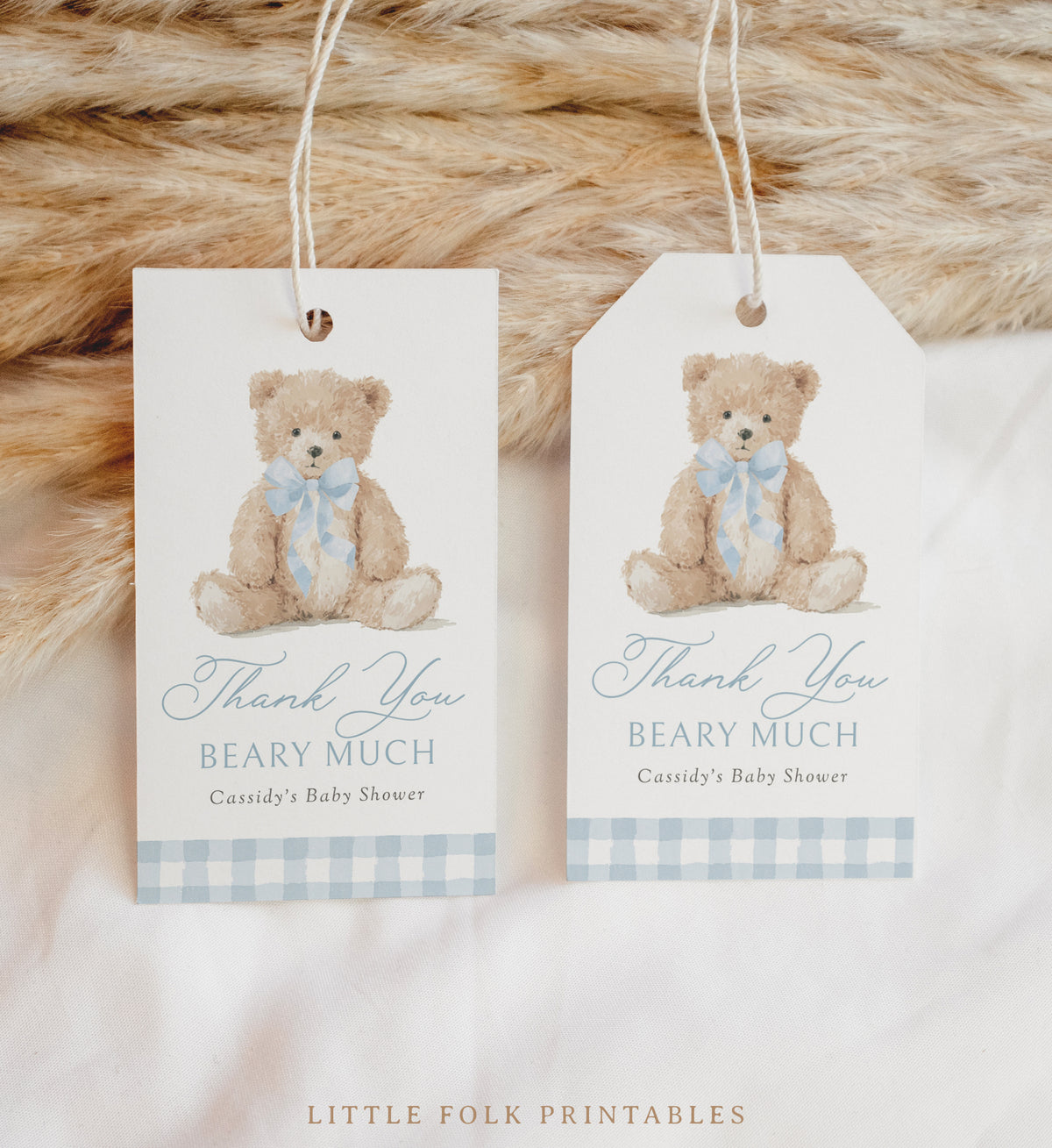 Blue Gingham Teddy Bear Baby Shower Rectangle Tag