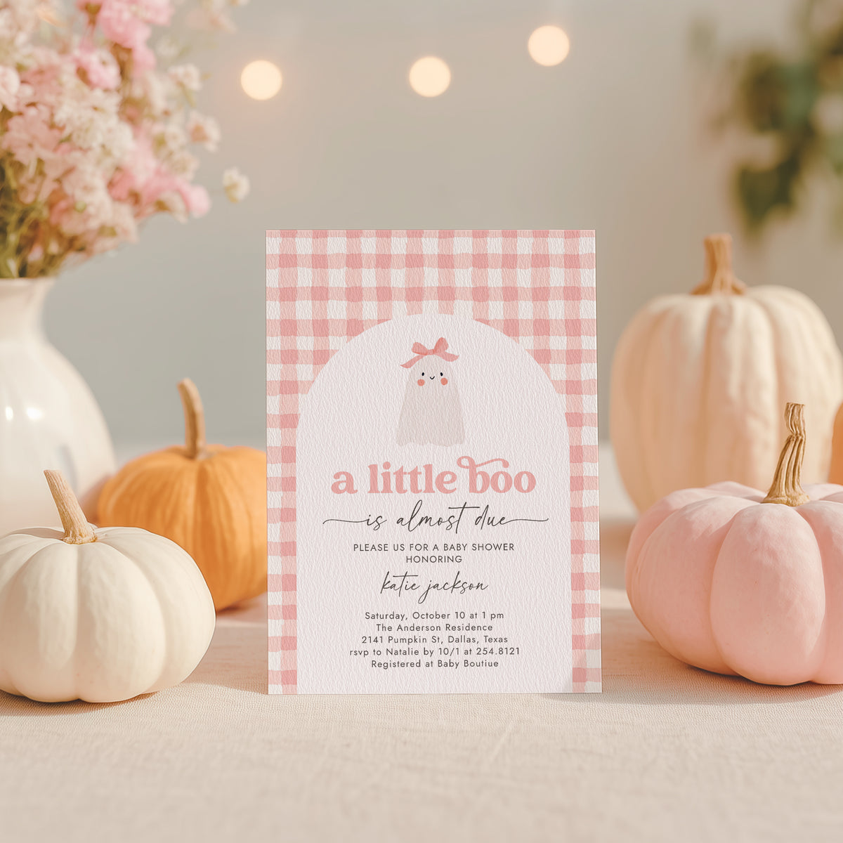 Little Boo Pink Gingham Baby Shower Invitation