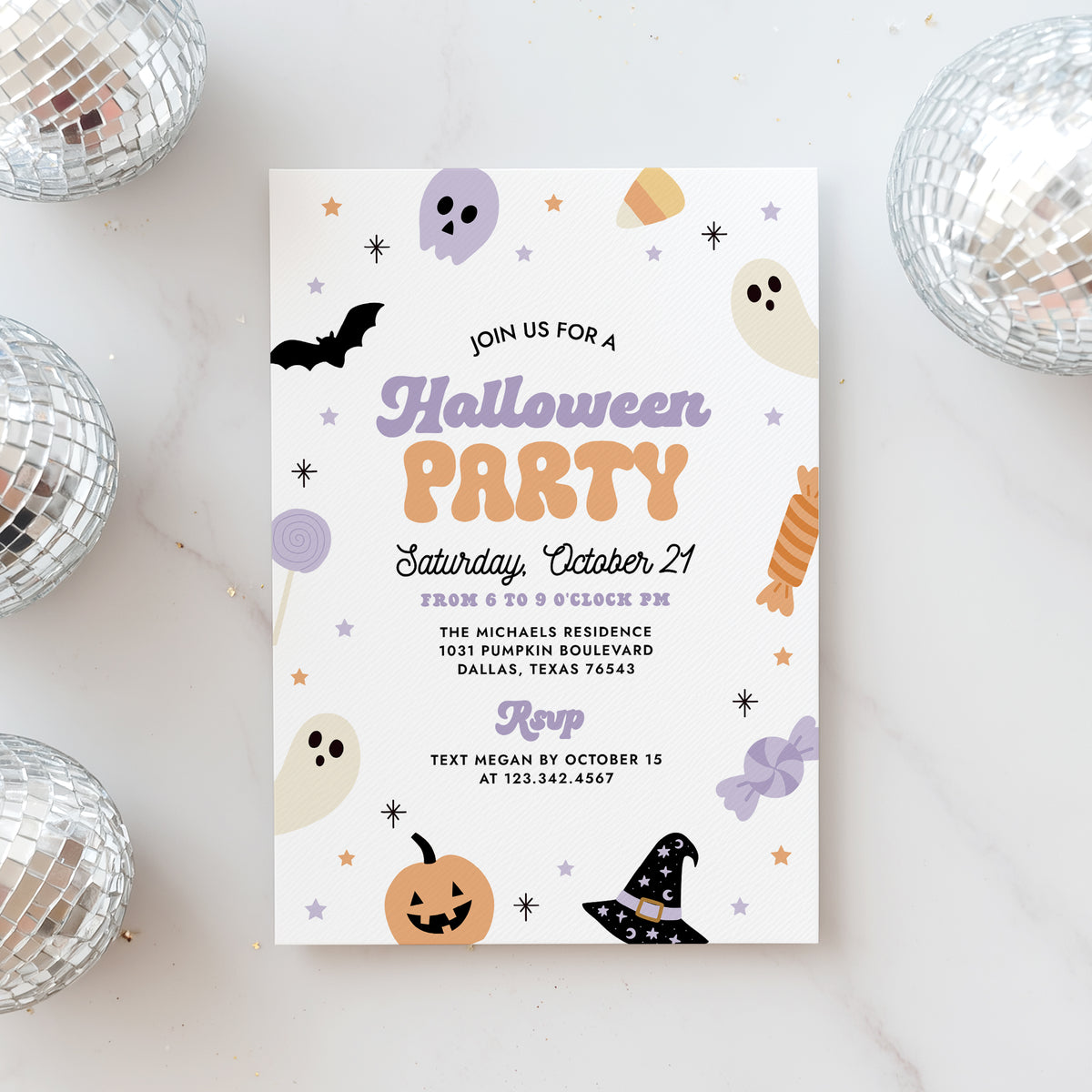 Purple and Orange Retro Halloween Party Invitation