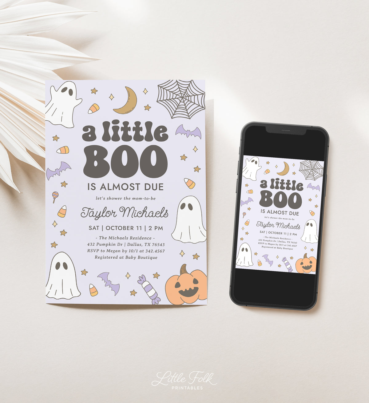 Little Boo Retro Baby Shower Invitation Template (Purple)