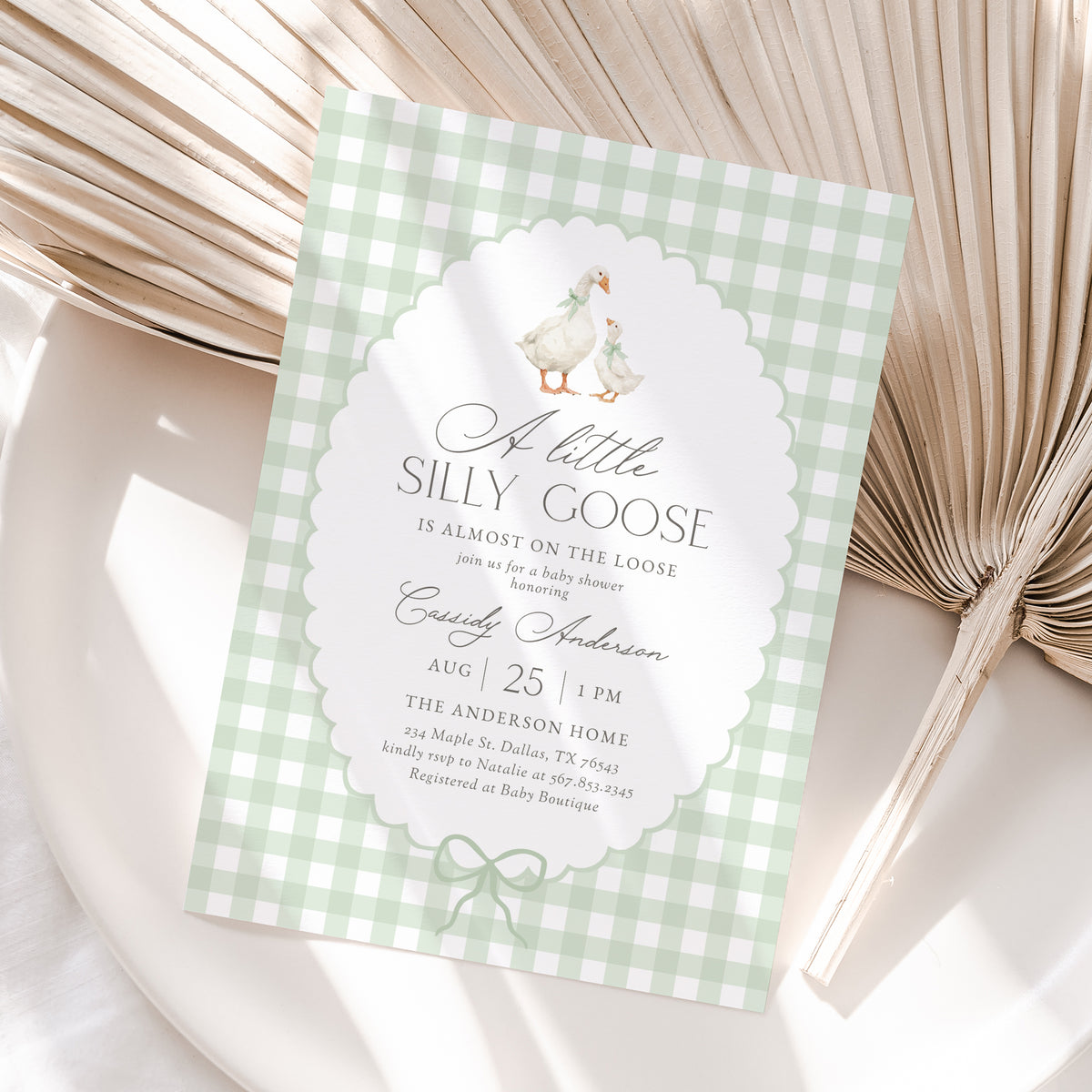 Sage Green Gingham Goose Baby Shower Invitation