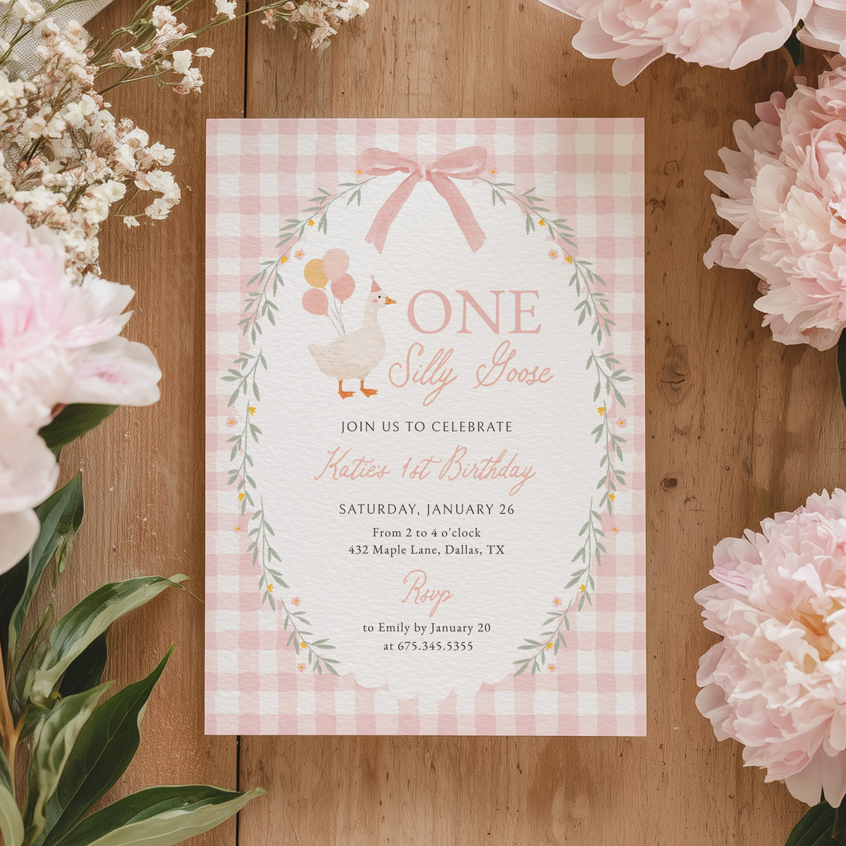 Pink Gingham Silly Goose Birthday Invitation