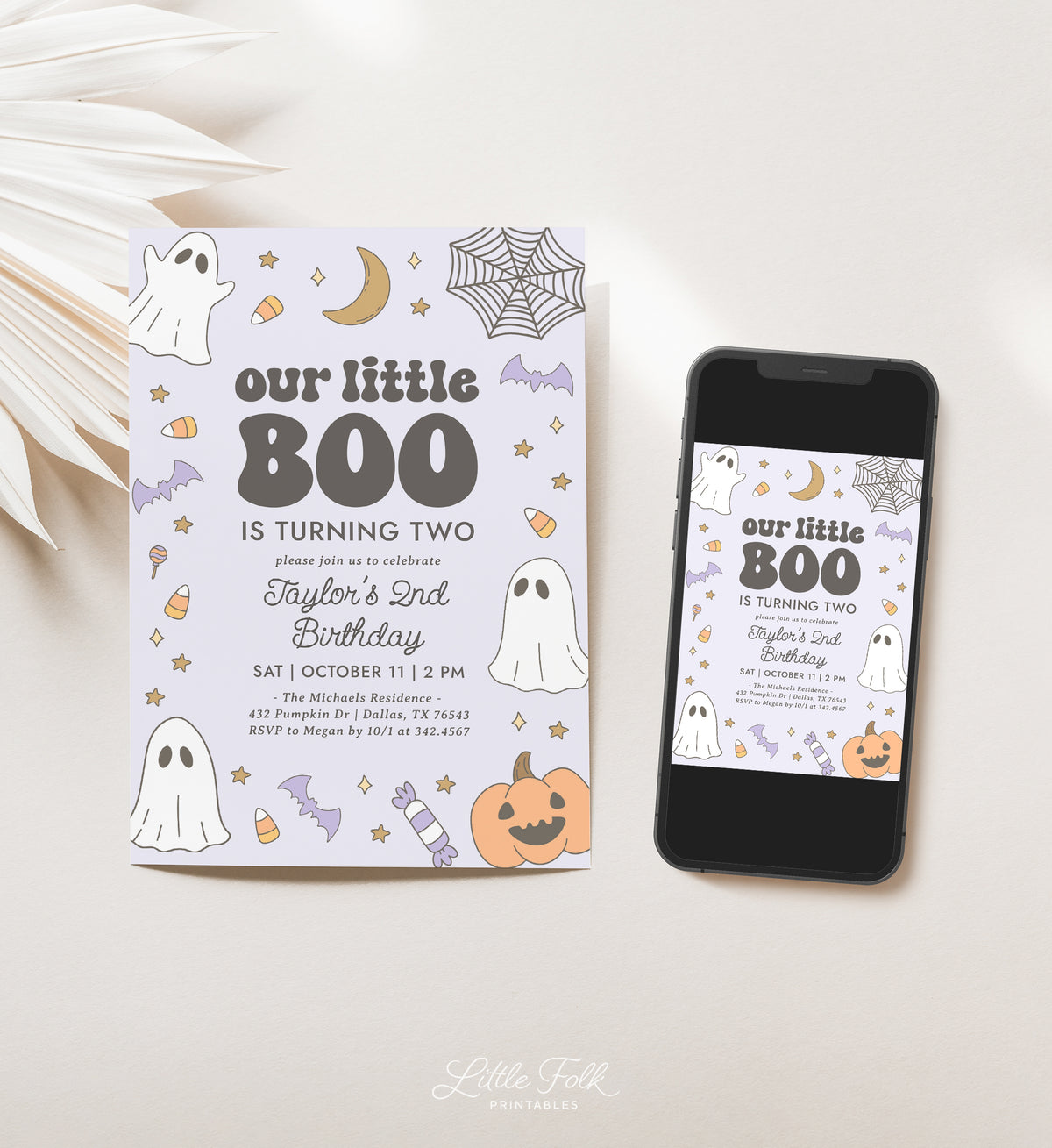 Little Boo Retro Birthday Invitation Template (Purple)