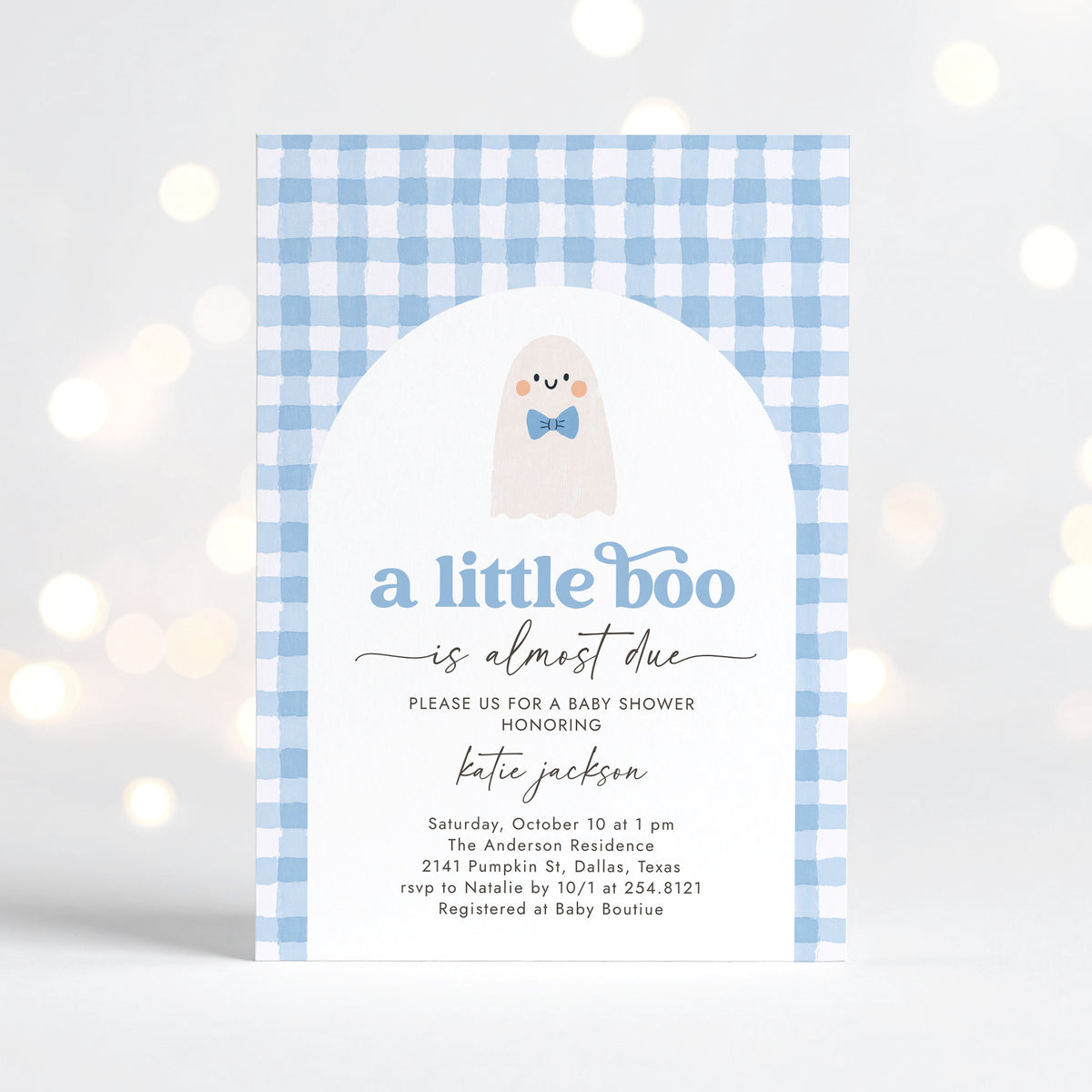 Little Boo Blue Gingham Baby Shower Invitation