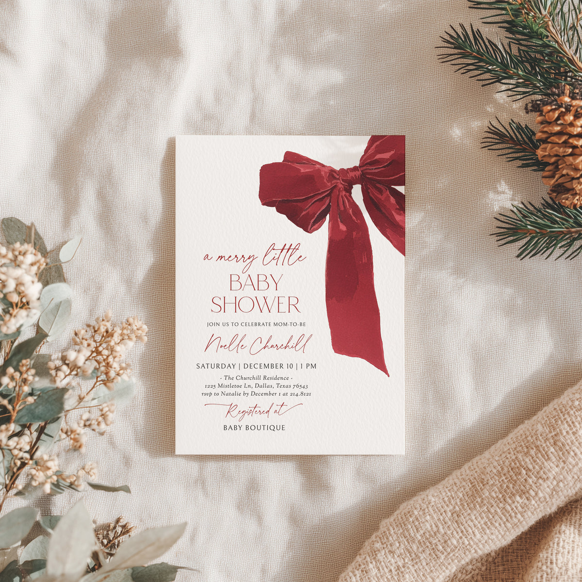 Red Christmas Bow Baby Shower Invitation