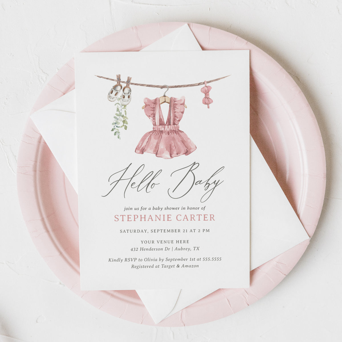 Pink Baby Clothes Baby Shower Invitation Template