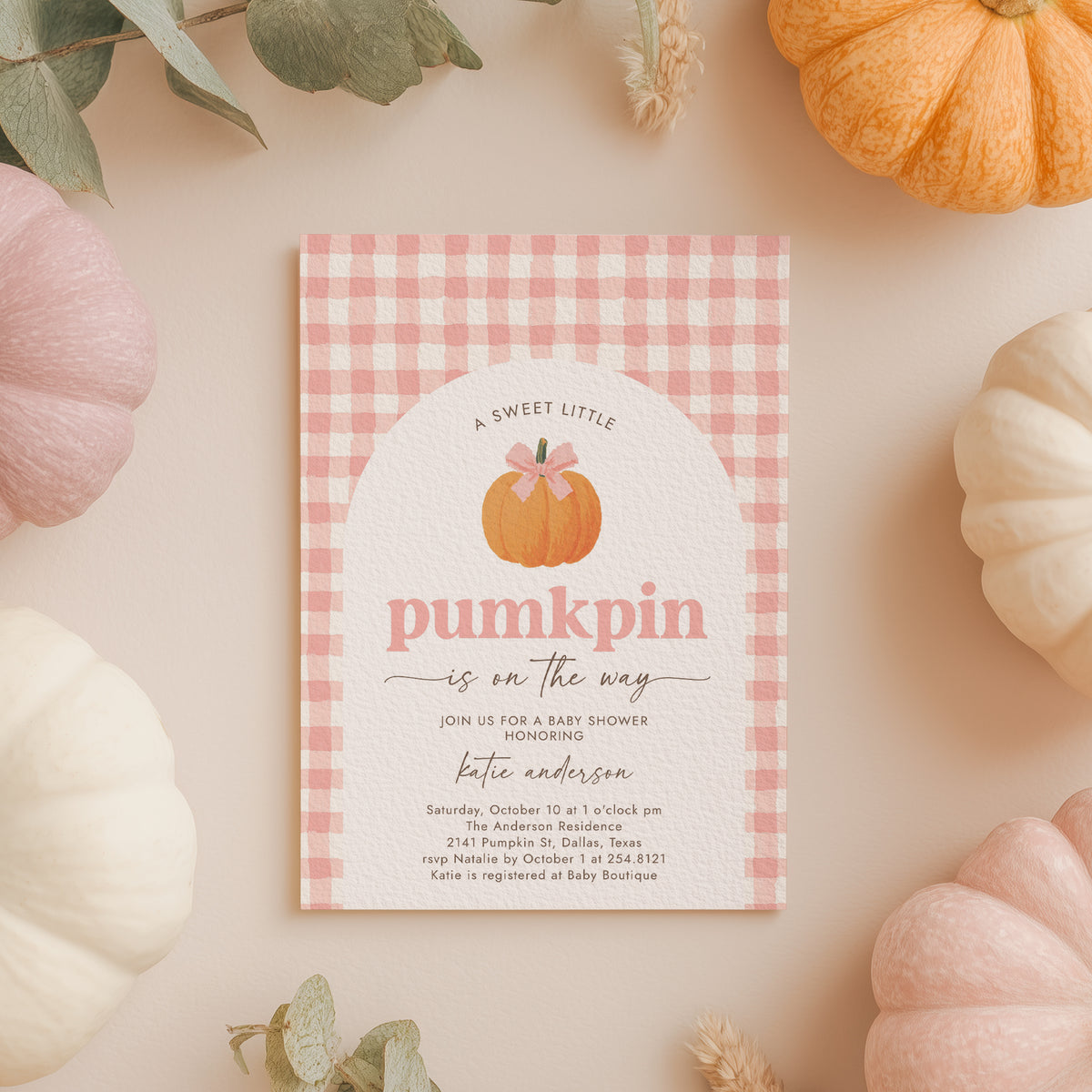 Pink Gingham Pumpkin Baby Shower Invitation