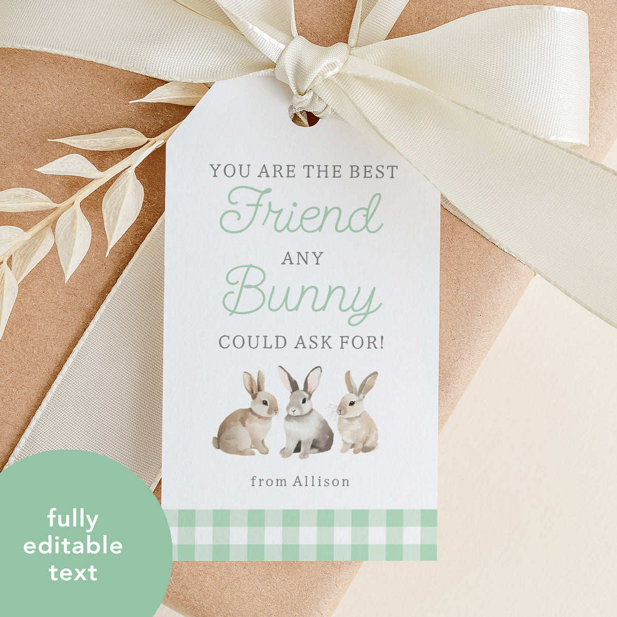 Green Gingham Best Friend Easter Tag Template