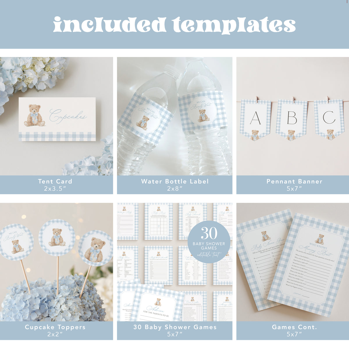 Blue Gingham Teddy Bear Baby Shower Bundle