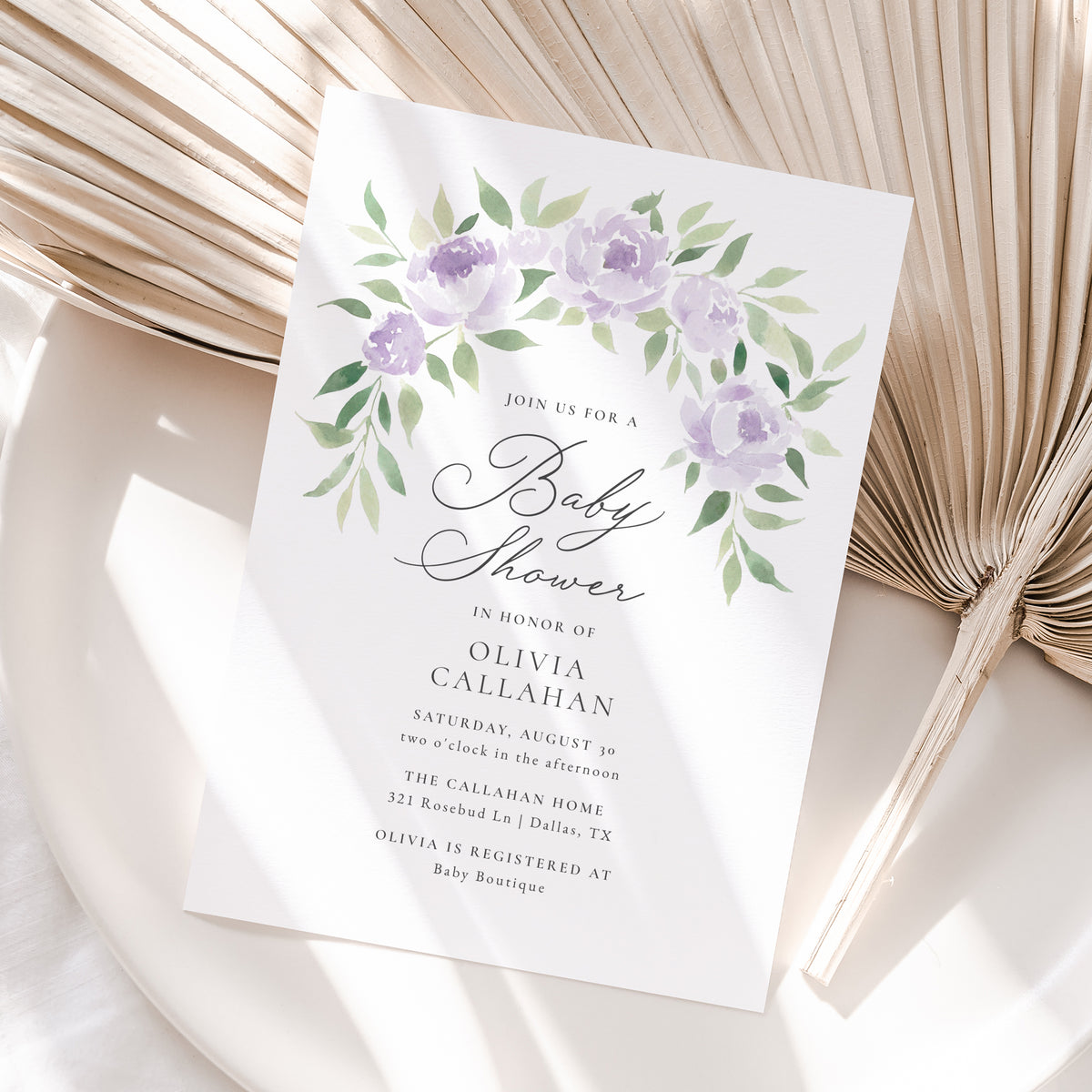 Purple Floral Arch Baby Shower Invitation