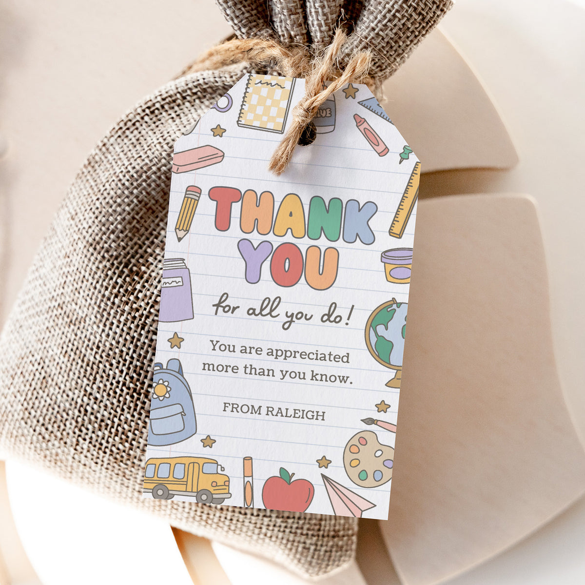 Retro School Supplies Teacher Appreciation Tag Template