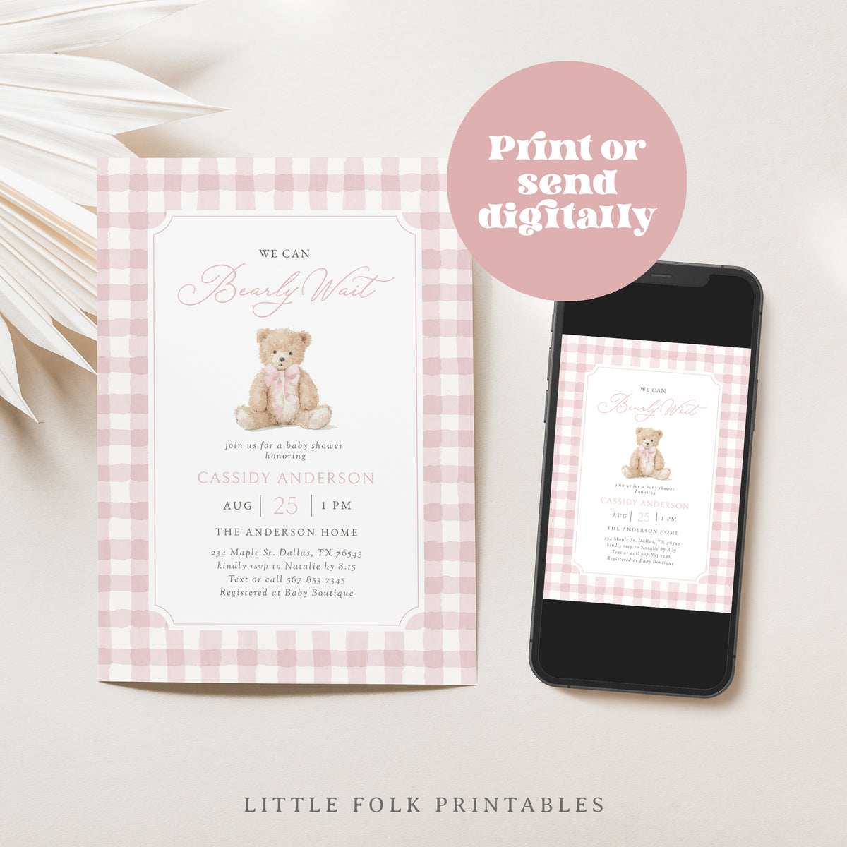 Pink Gingham Teddy Bear Baby Shower Invitation