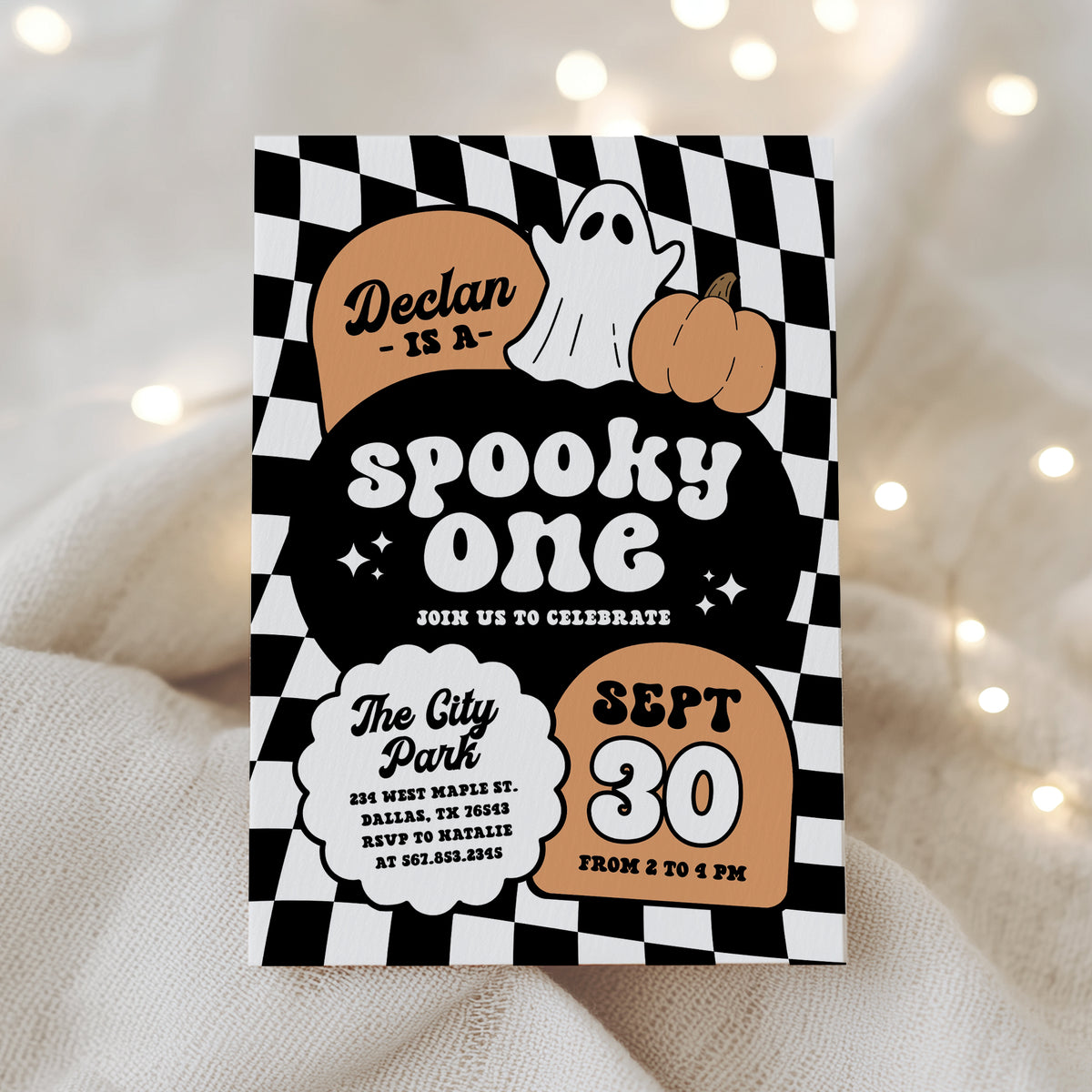 Orange Retro Checker Spooky One Halloween Birthday Invitation