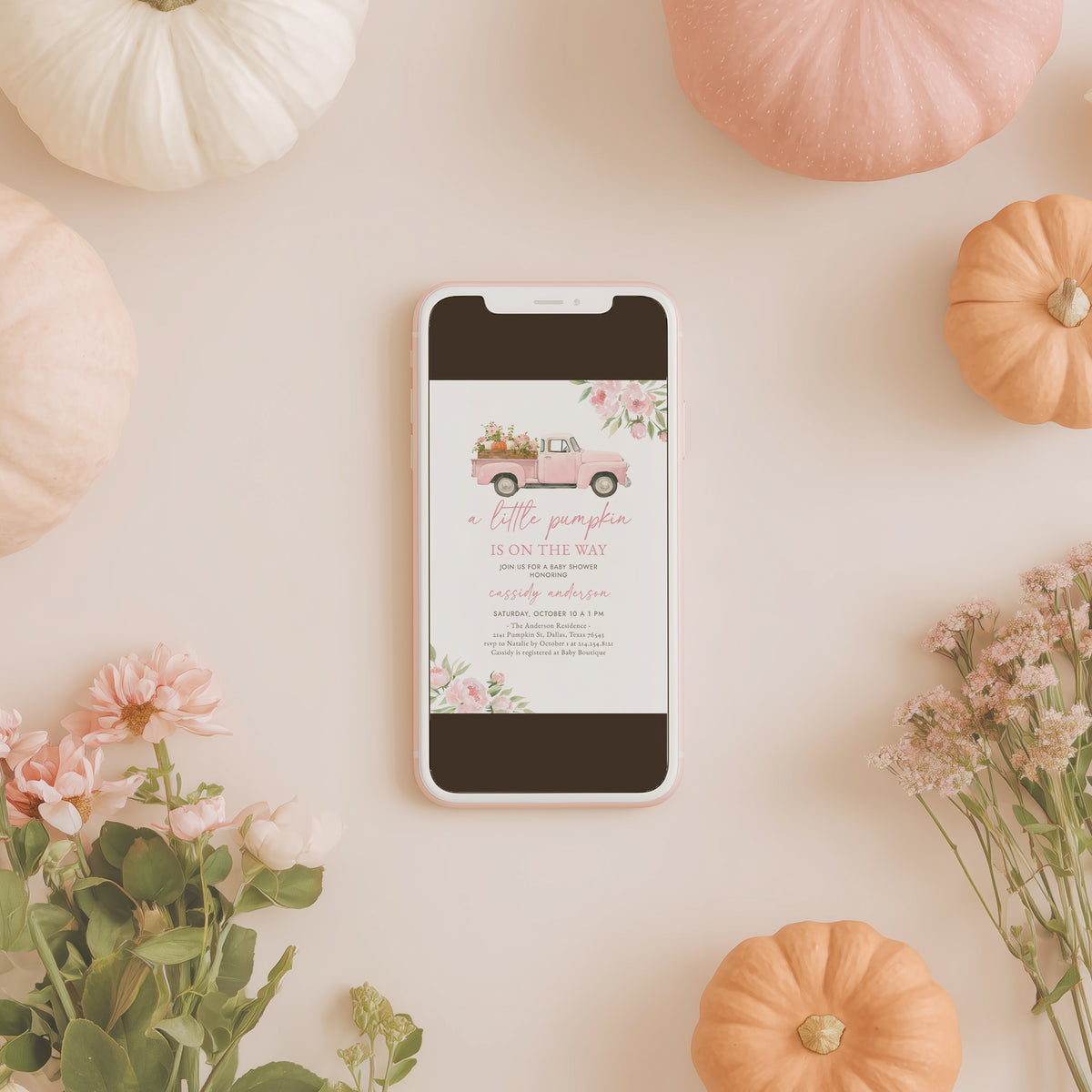 Pink Truck Pumpkin Baby Shower Invitation