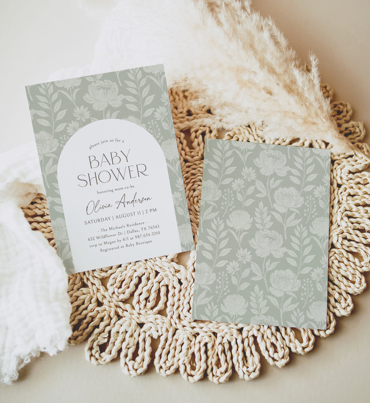 Sage Green Peony Baby Shower Invitation