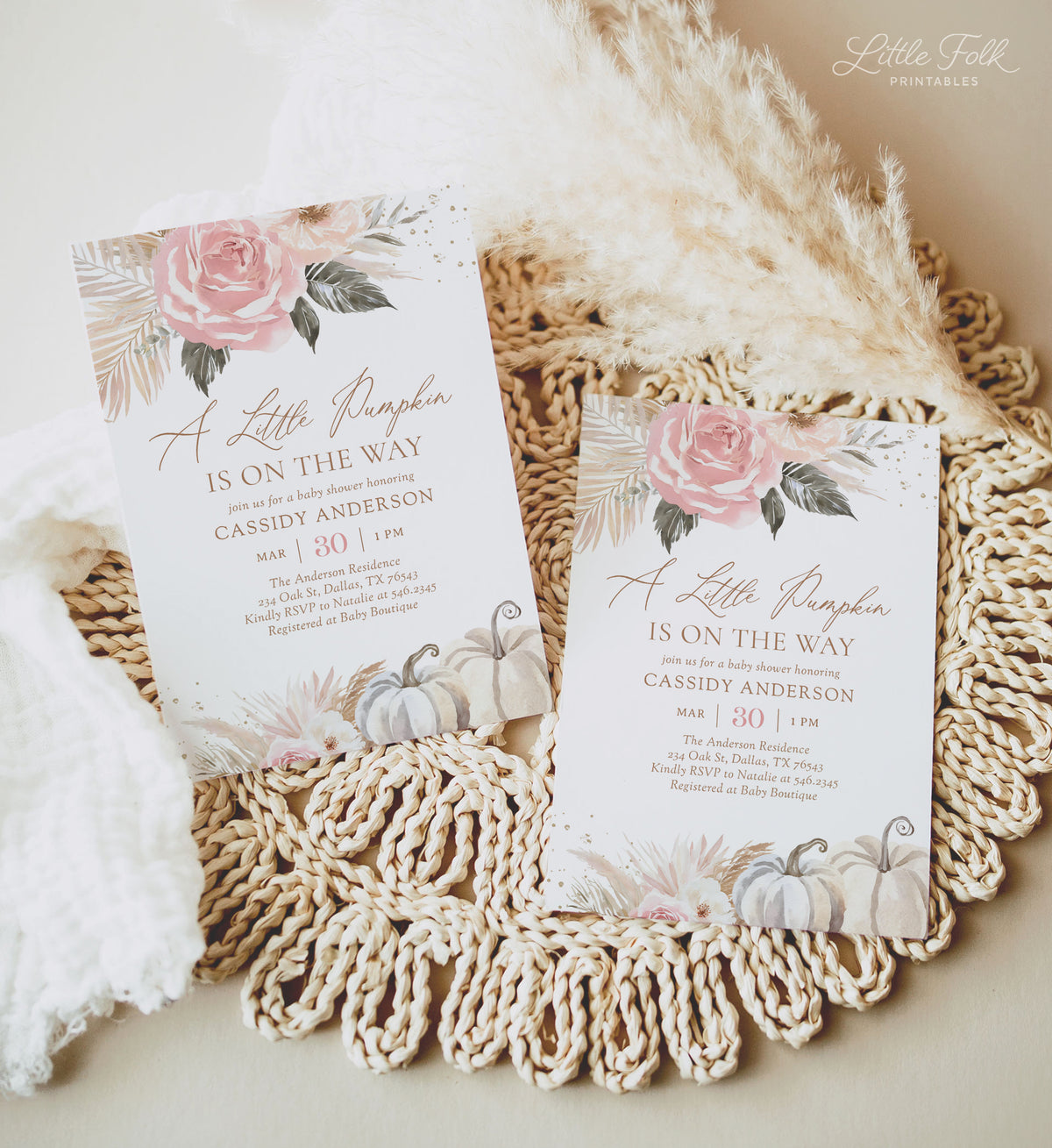 Pink Boho Little Pumpkin Baby Shower Invitation