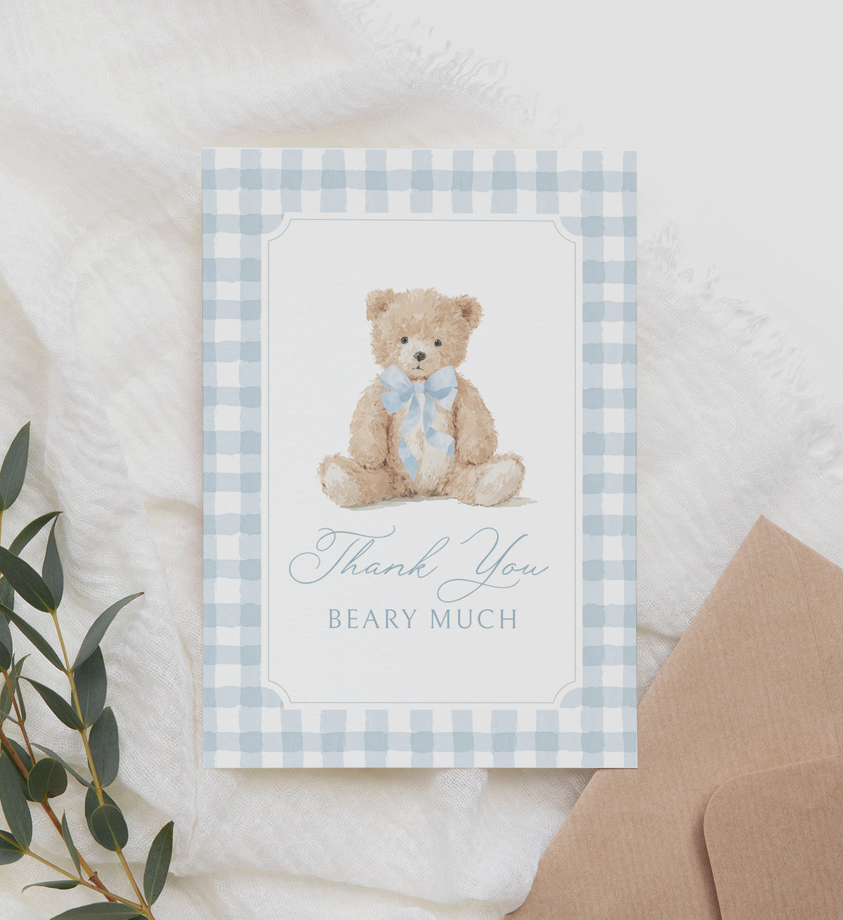 Blue Gingham Teddy Bear Folded Thank You Card