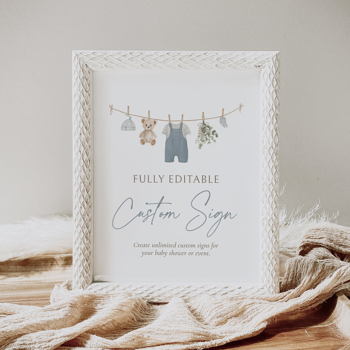 Blue Overalls Clothesline Baby Shower Custom Sign