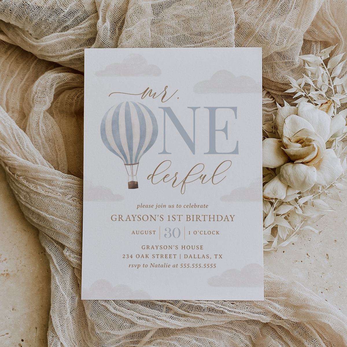 Editable Mr. Onederful Blue Hot Air Balloon Birthday Party Invitation Template