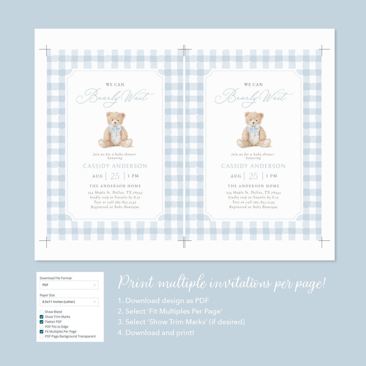 Blue Gingham Teddy Bear Baby Shower Invitation Suite