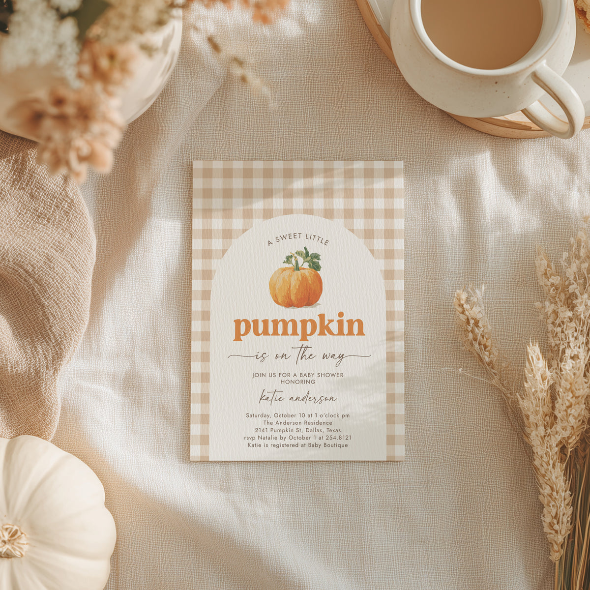 Neutral Gingham Pumpkin Baby Shower Invitation
