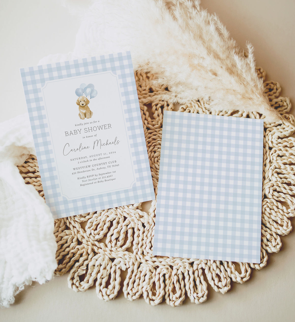 Blue Gingham Golden Doodle Baby Shower Invitation