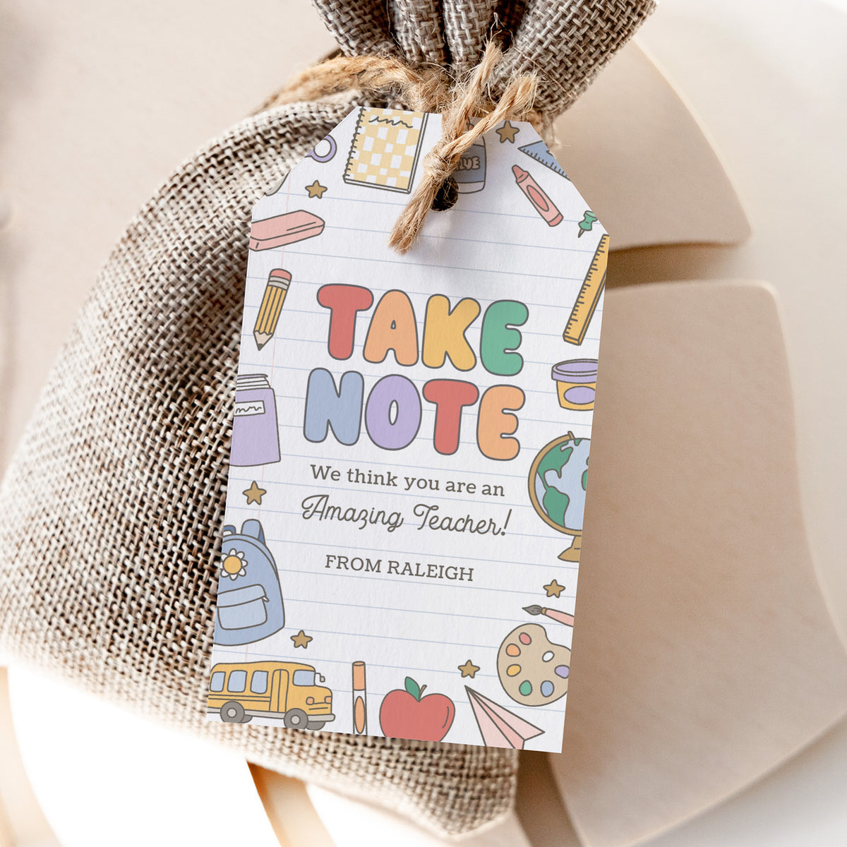 Take Note Retro School Supplies Teacher Appreciation Tag Template