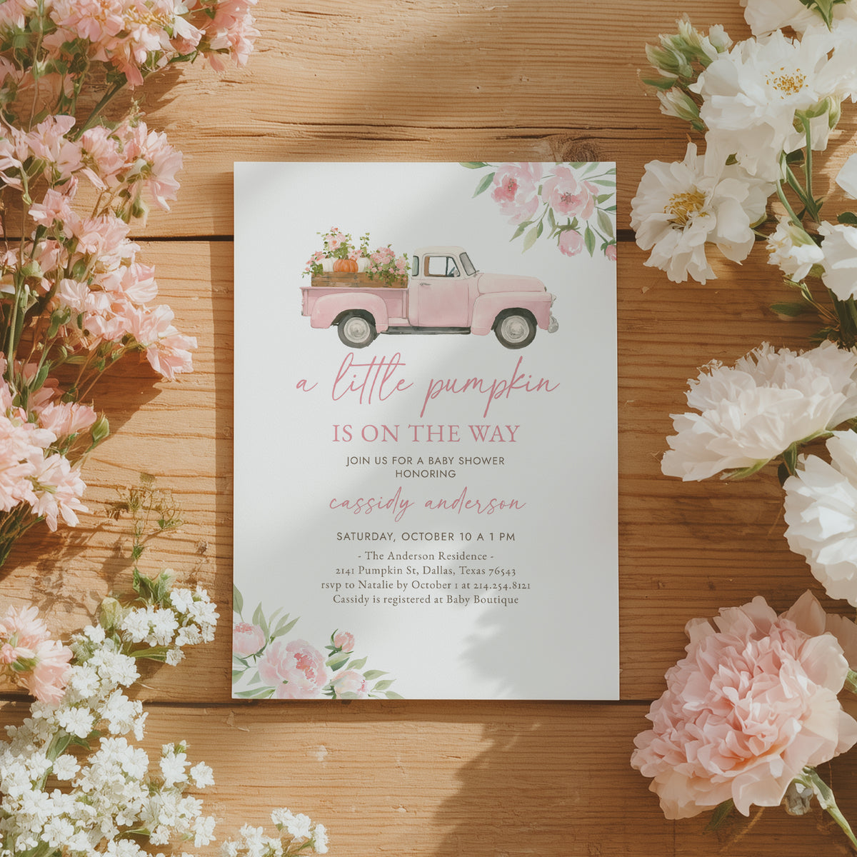 Pink Truck Pumpkin Baby Shower Invitation