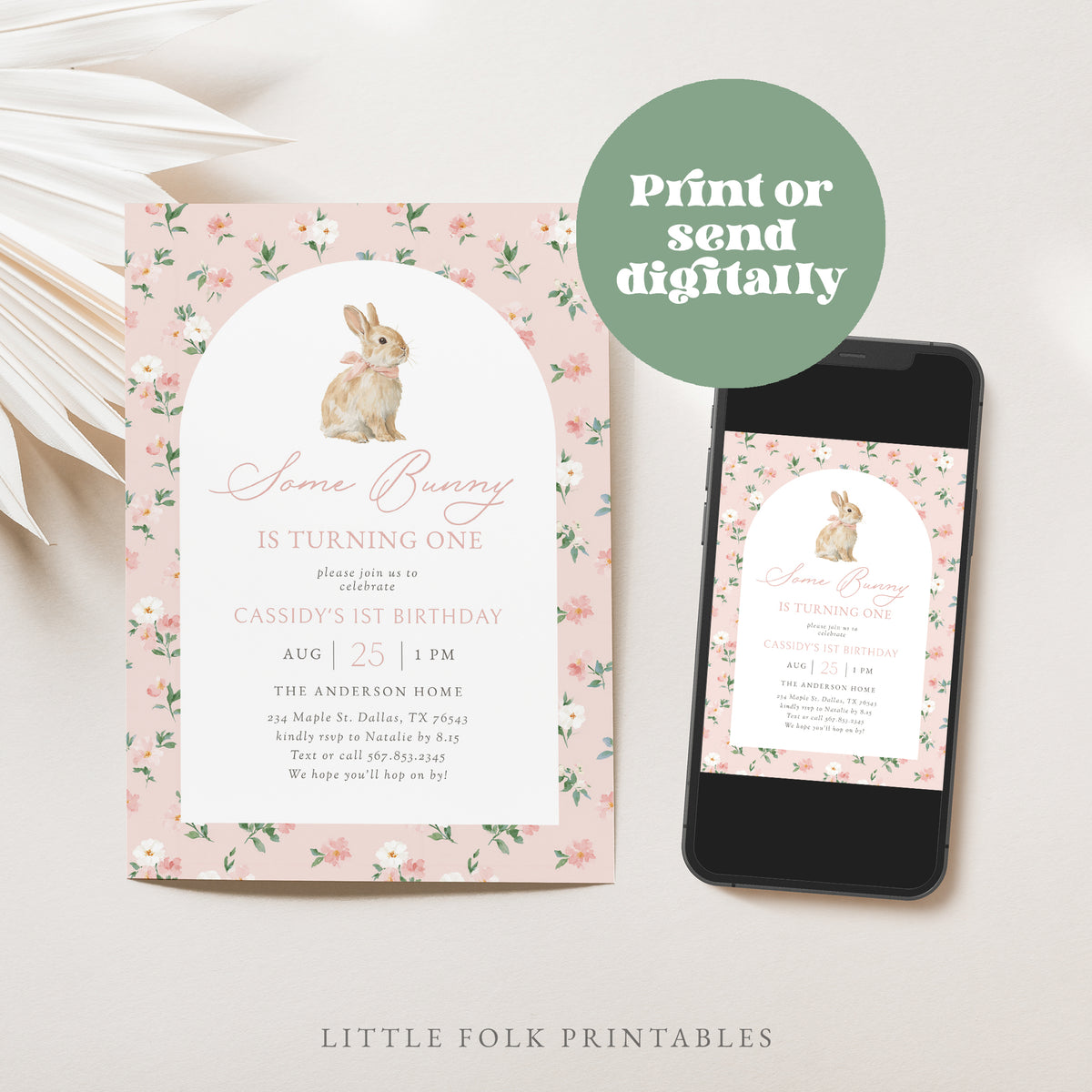 Pink Floral Bunny Birthday Invitation