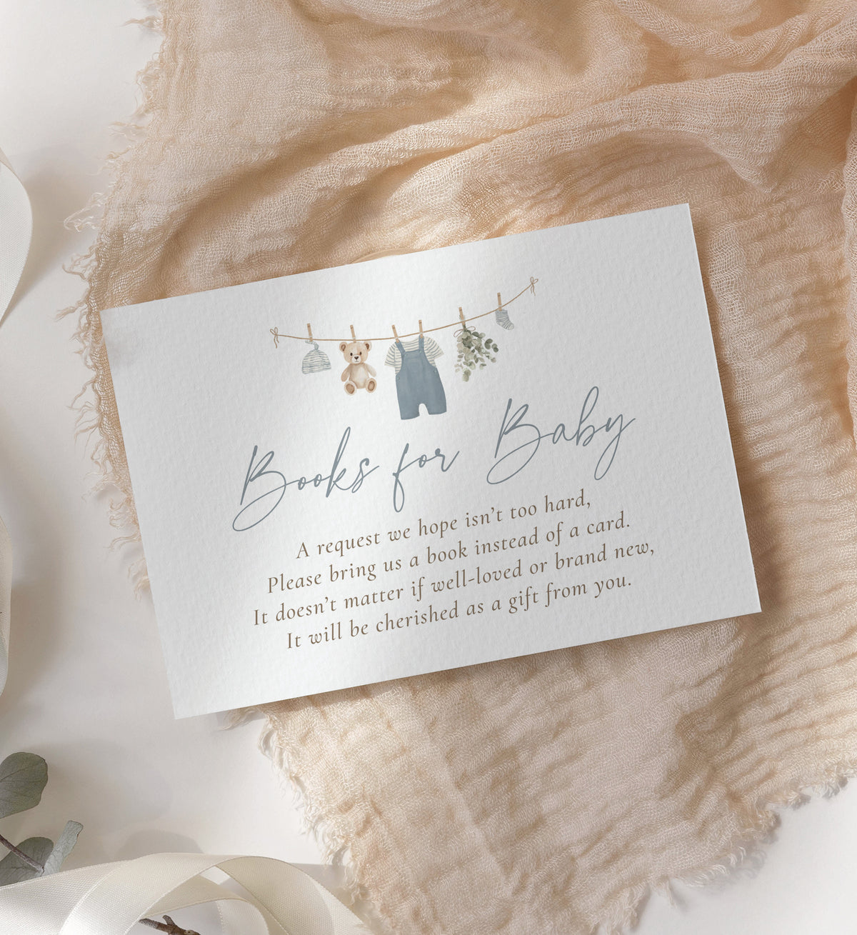 Blue Overalls Clothesline Baby Shower Invitation Suite