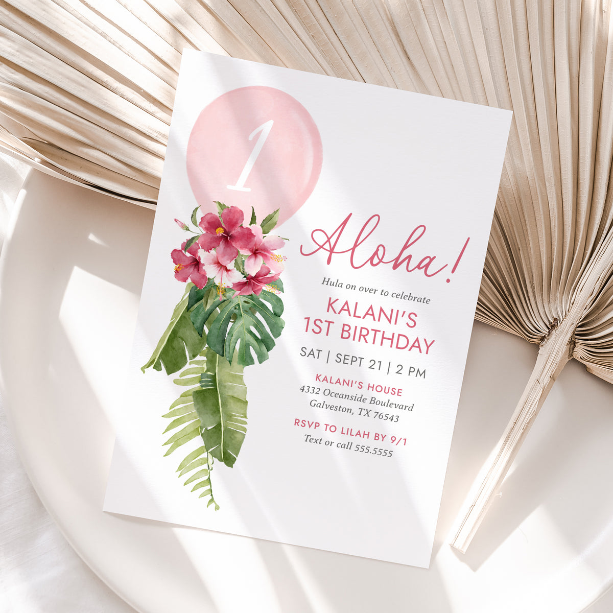 Editable 1st Luau Balloon Birthday Party Invitation Template