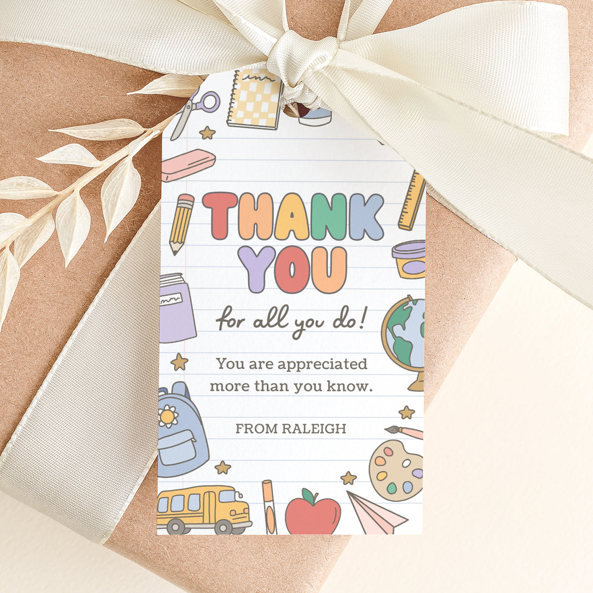 Retro School Supplies Teacher Appreciation Tag Template
