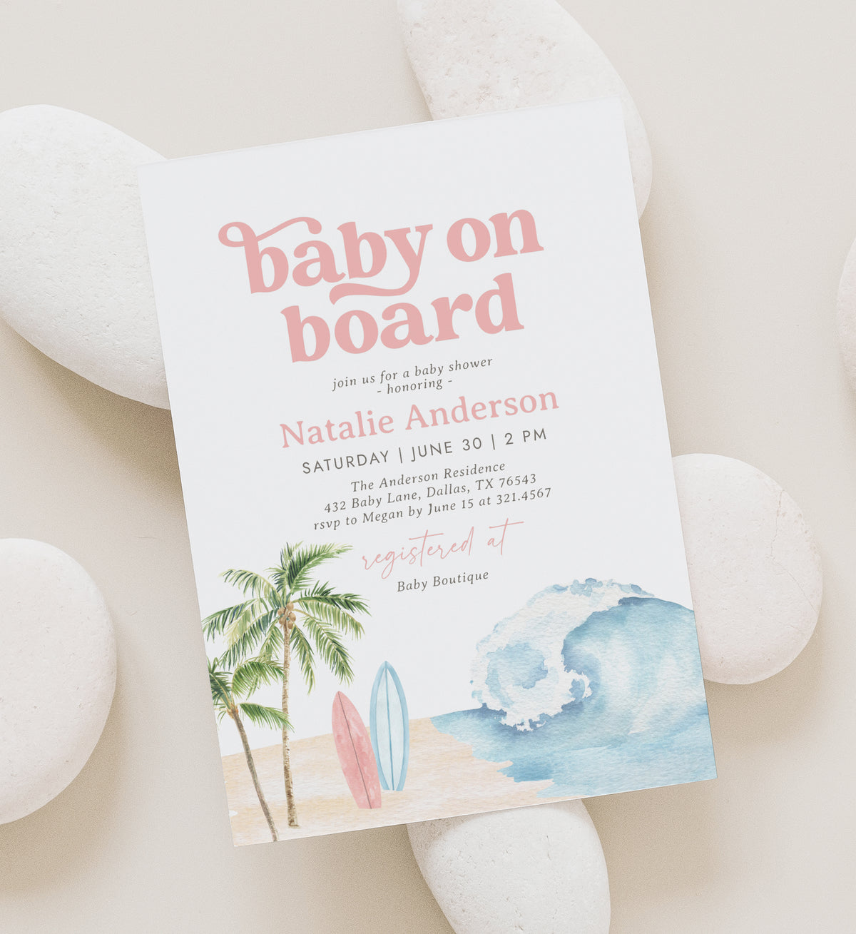 Baby on Board Pink Surf Baby Shower Invitation