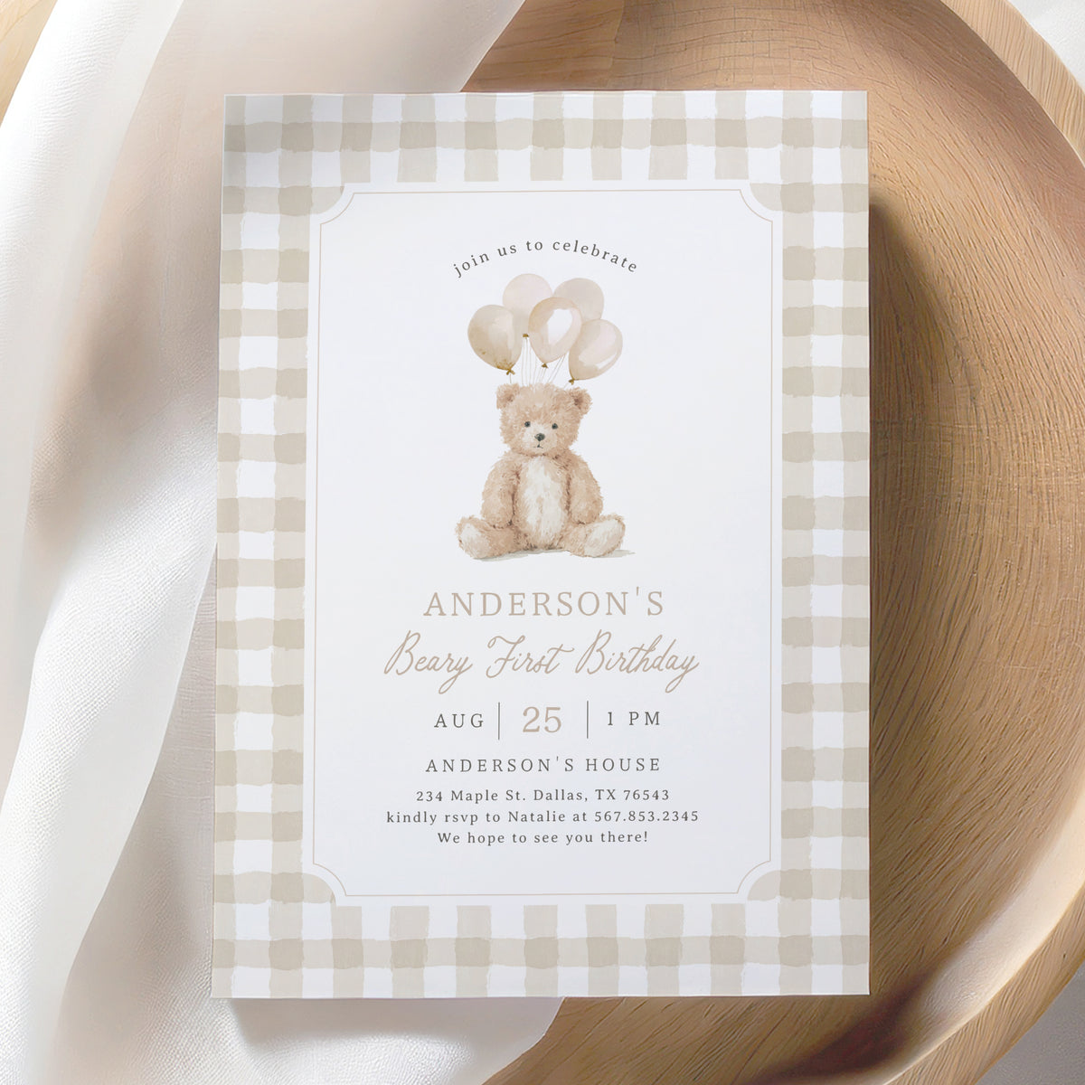Neutral Gingham Teddy Bear Birthday Invitation