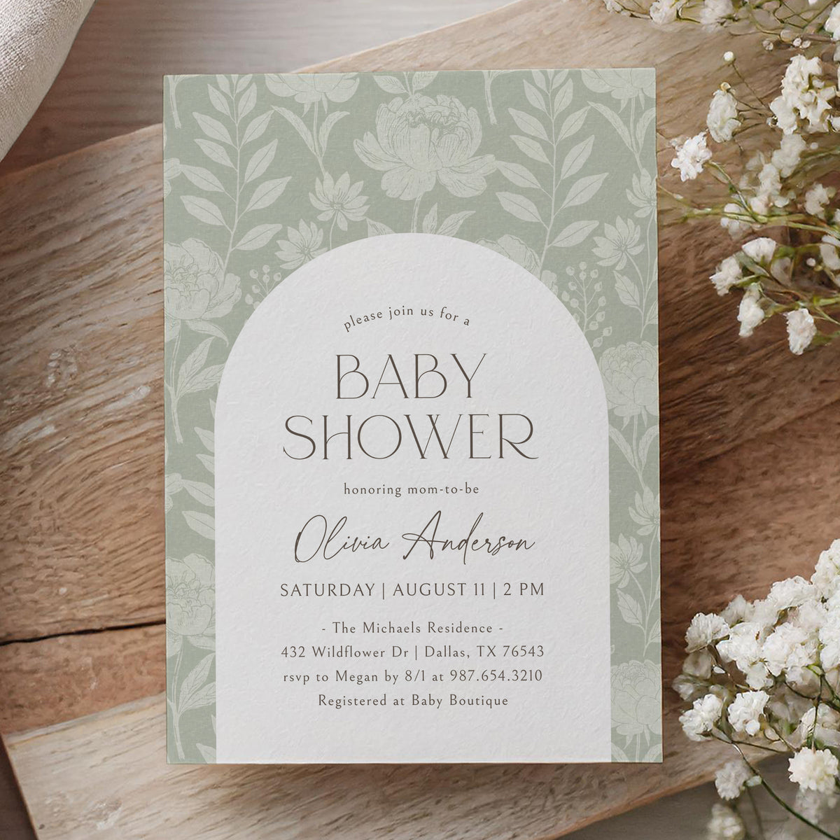Sage Green Peony Baby Shower Invitation