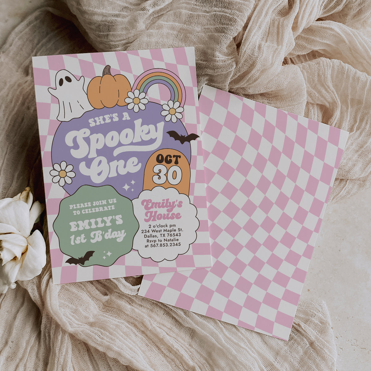 Pink Retro Checker Spooky One Halloween Birthday Invitation