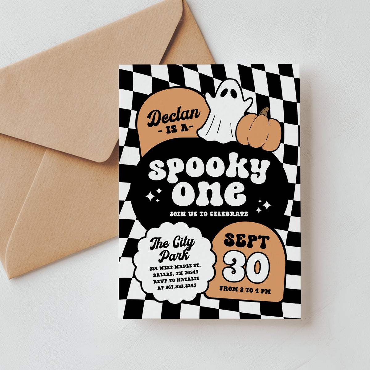 Orange Retro Checker Spooky One Halloween Birthday Invitation