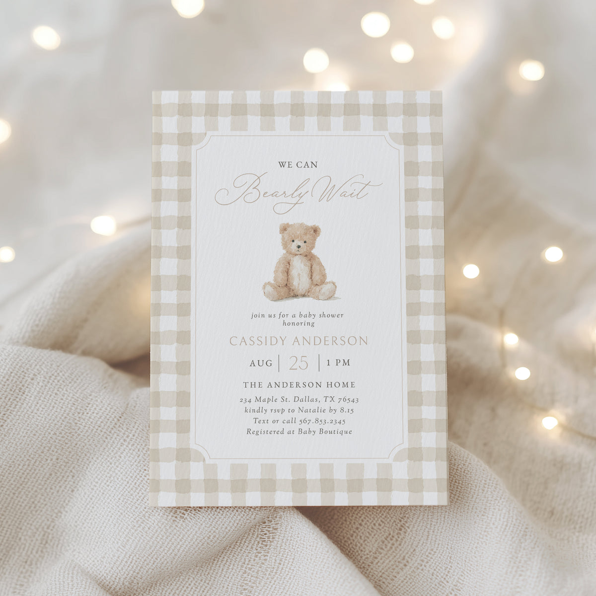 Neutral Gingham Teddy Bear Baby Invitation Suite
