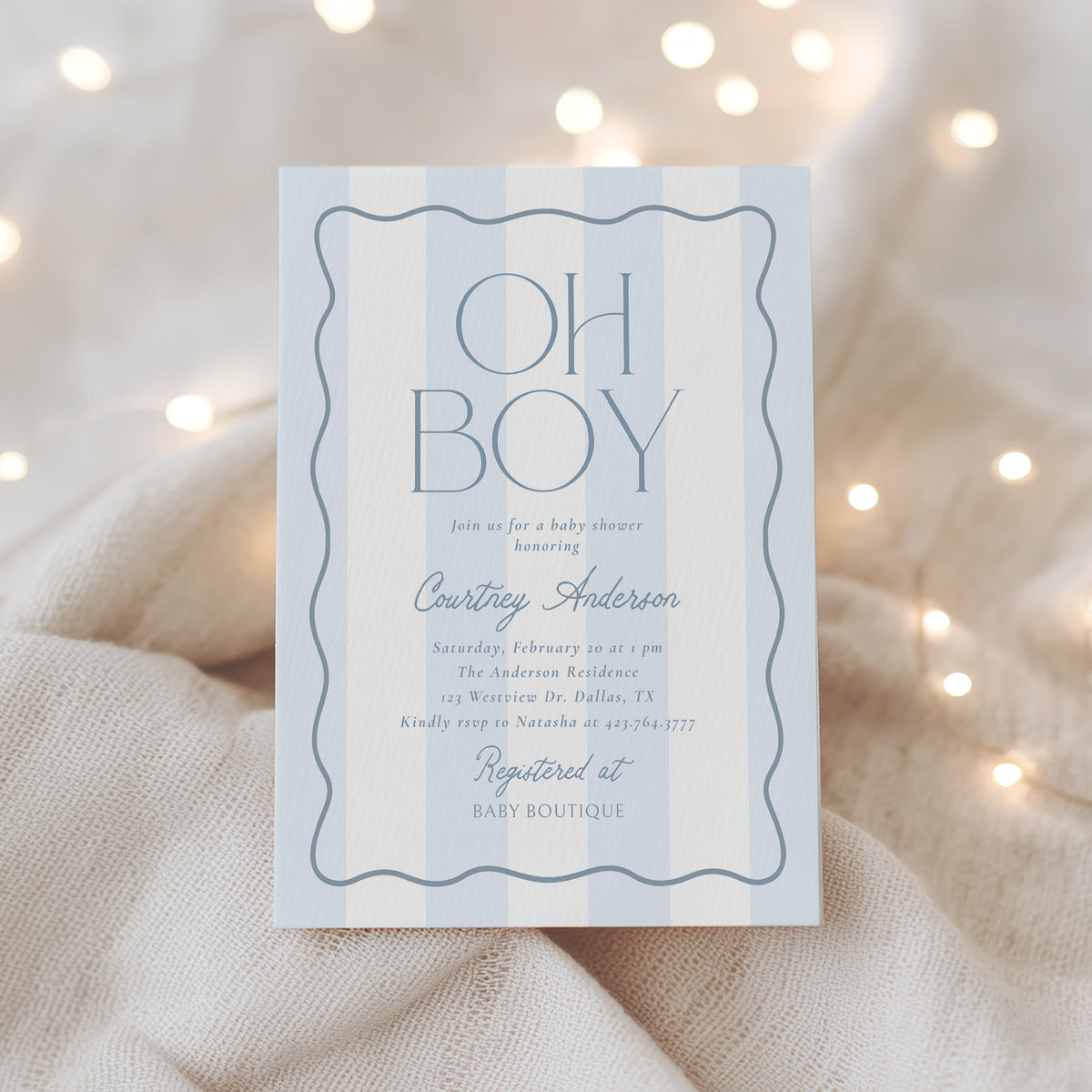 Modern Blue Stripe Baby Shower Invitation