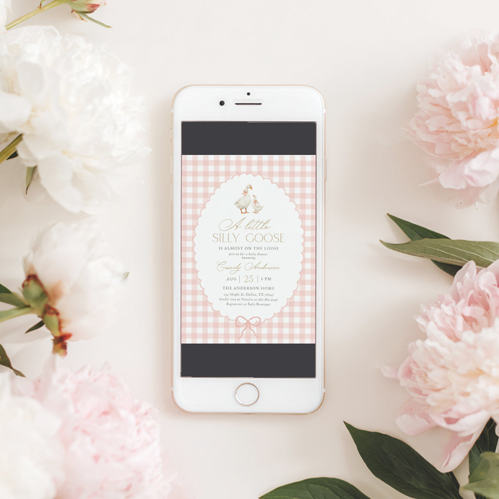 Pink Gingham Goose Baby Shower Invitation