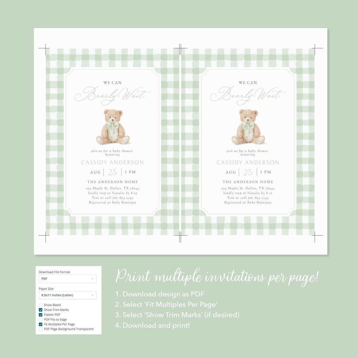 Sage Green Gingham Teddy Bear Baby Shower Invitation
