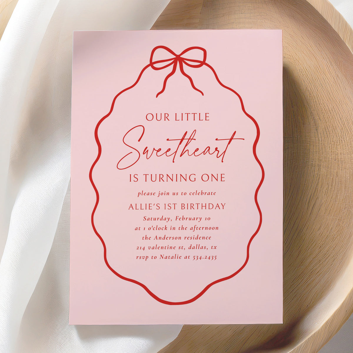Little Sweetheart Hand Drawn Bow Birthday Invitation
